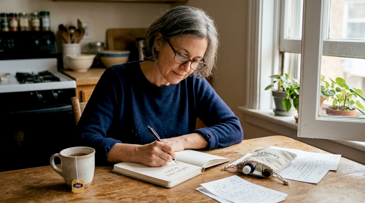 Woman writing in skincare diary at table