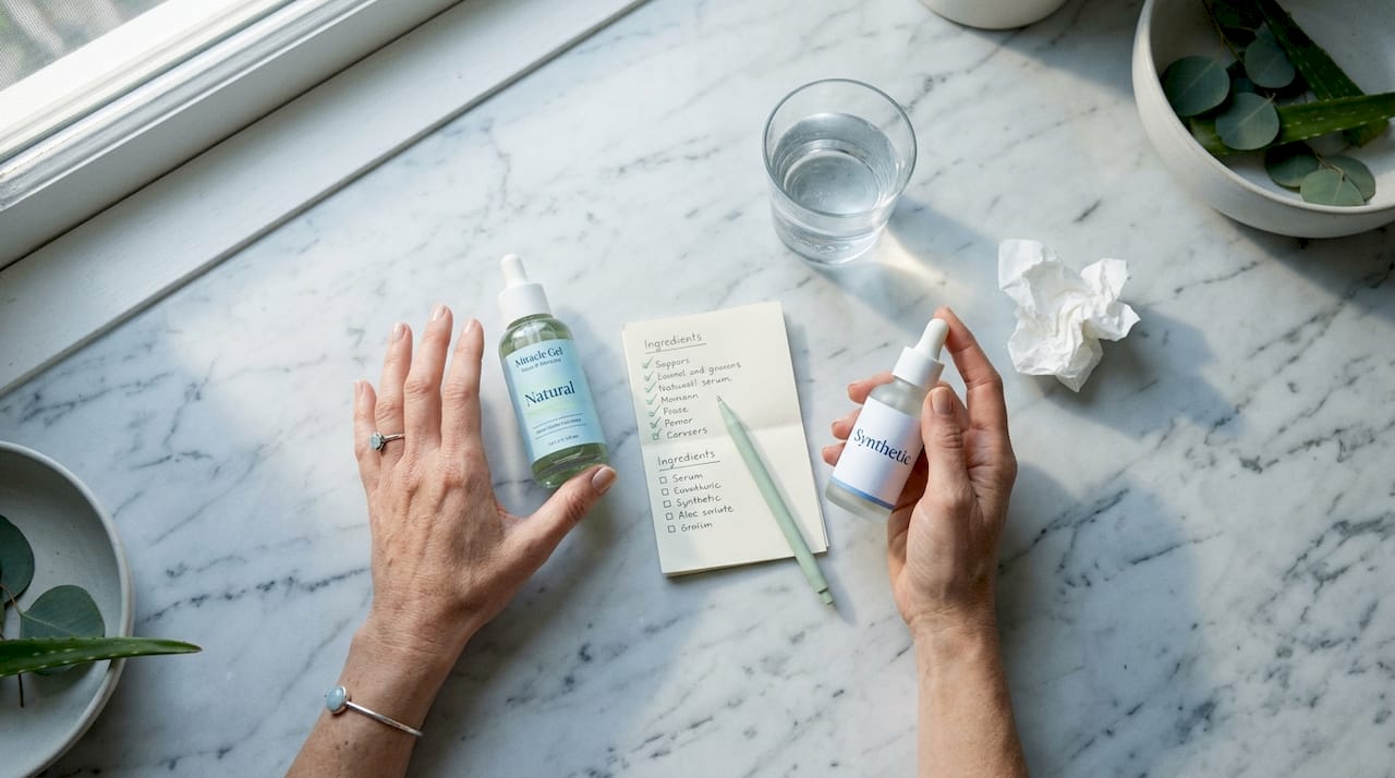 Woman comparing skincare serum bottles