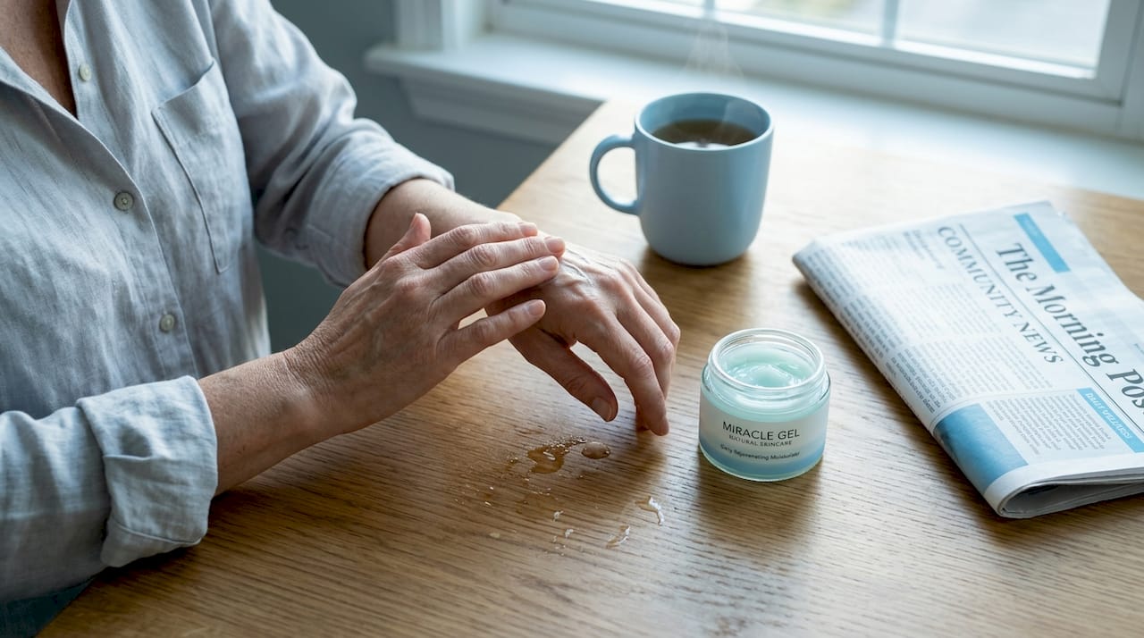 Woman applying moisturizer to hands at table
