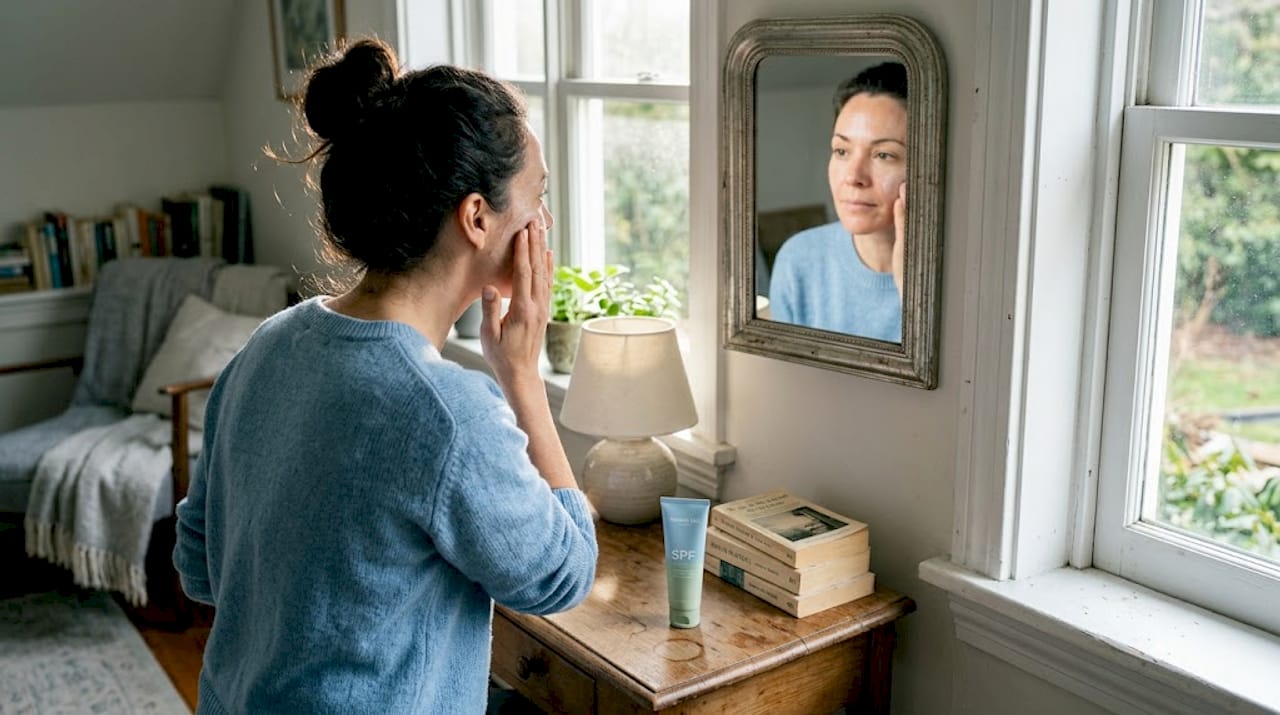 Woman applying sunscreen near window