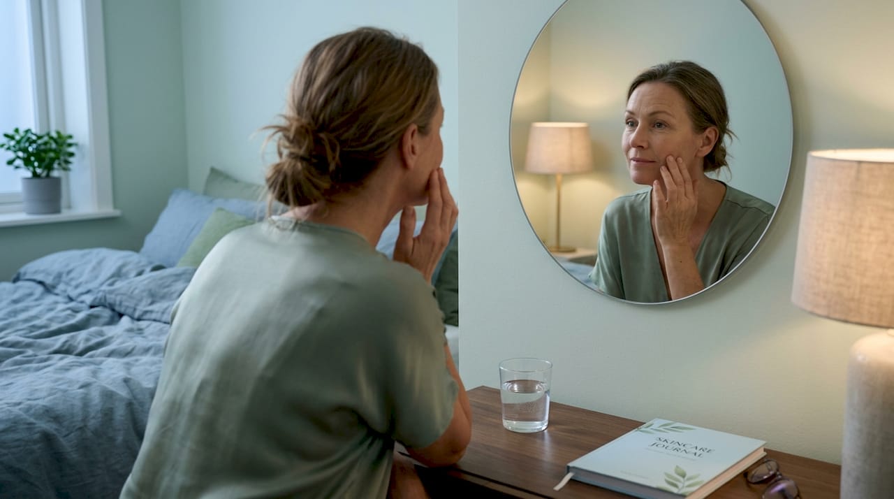 Woman checking face hydration in mirror