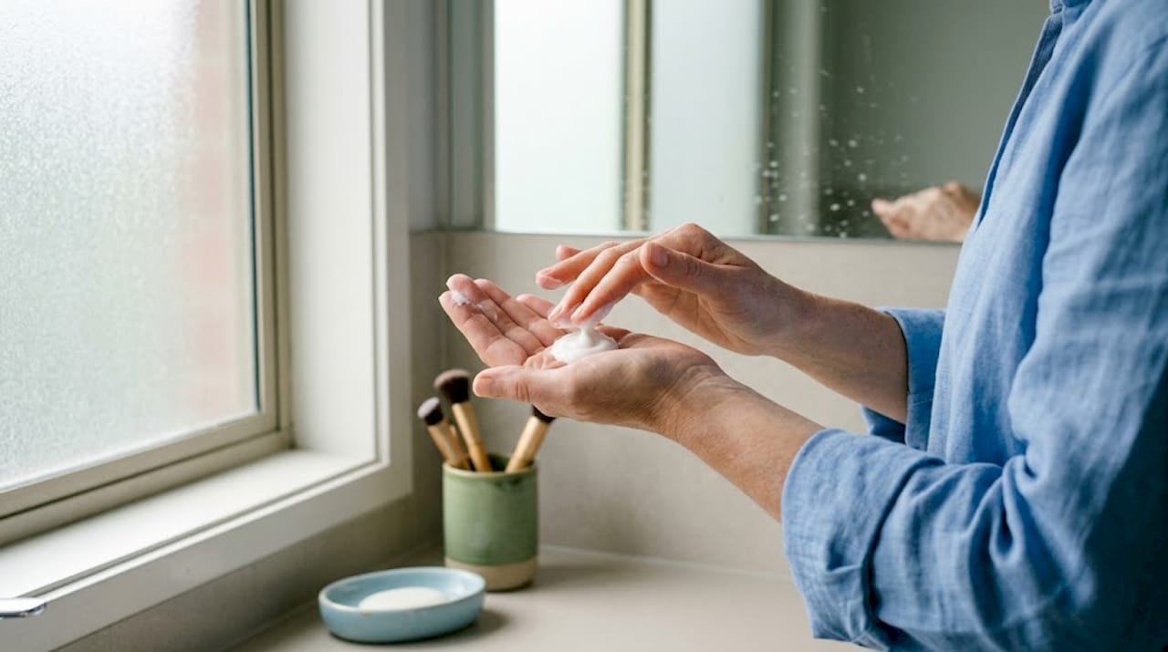 Hands presenting cream cleanser in home bathroom