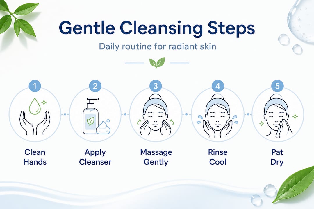 Infographic shows five steps for gentle skin cleansing