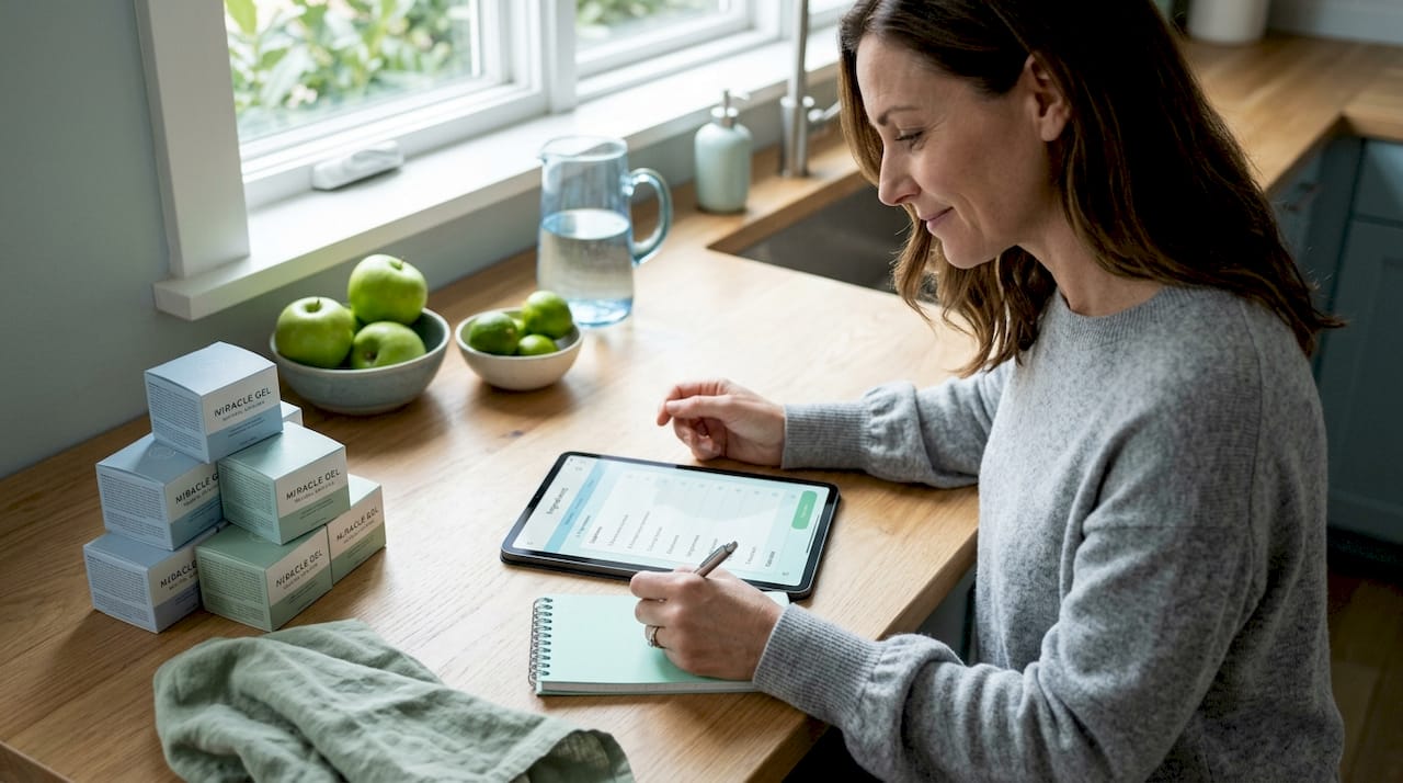 Woman researching skincare ingredients in kitchen