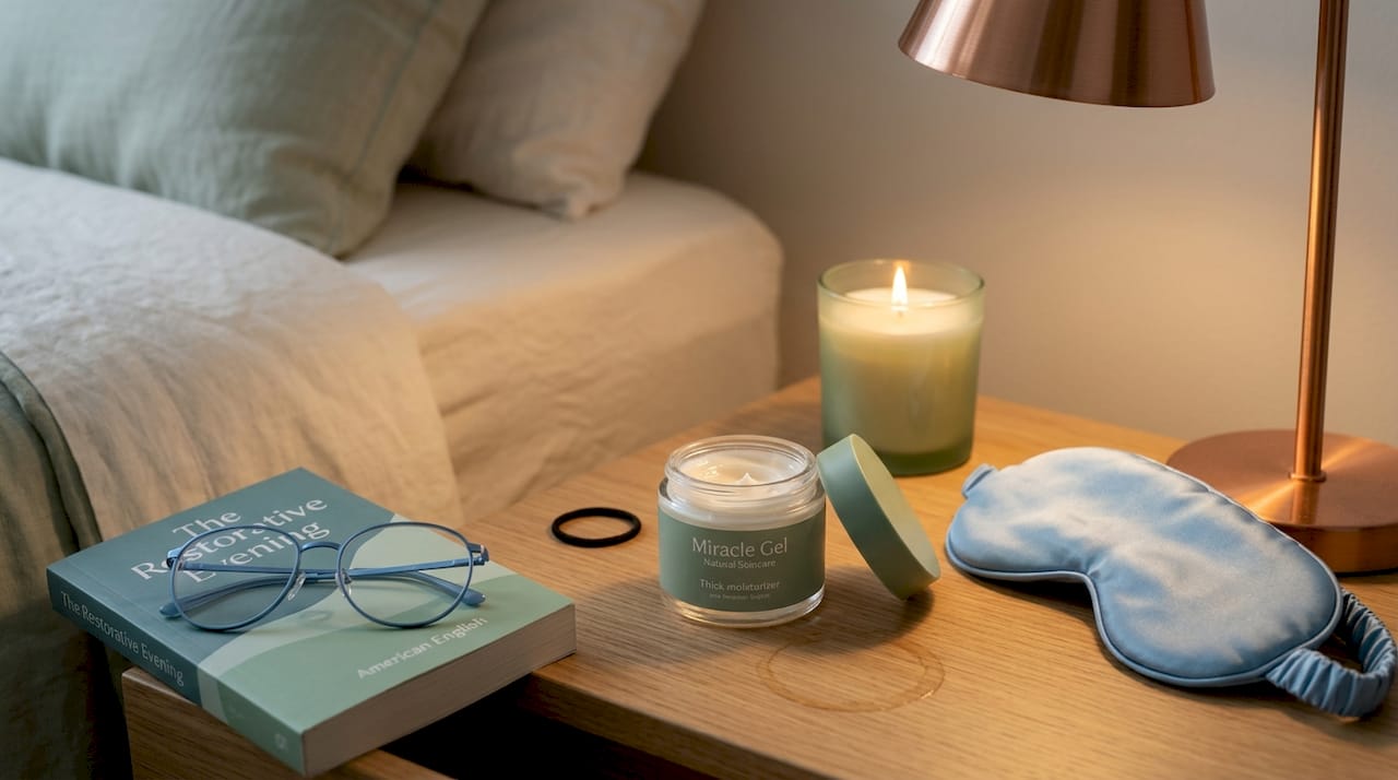 Bedside table with nighttime skincare products