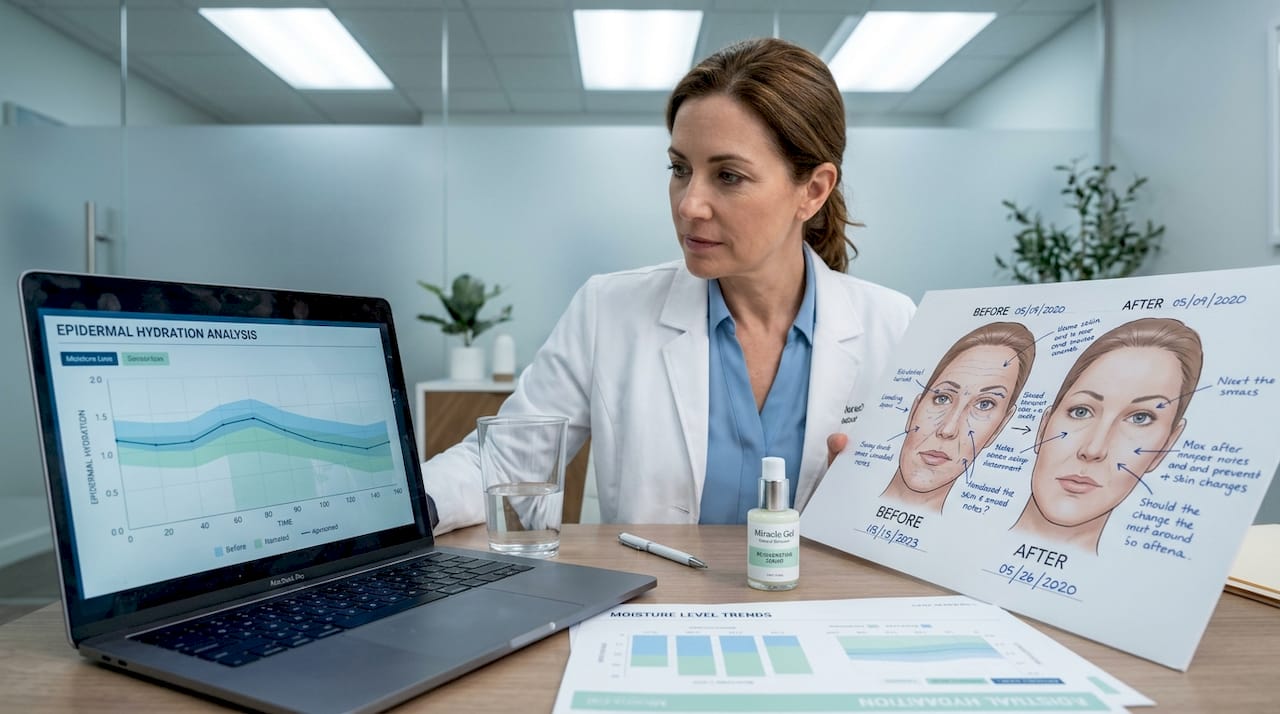 Dermatologist reviewing skin hydration diagrams