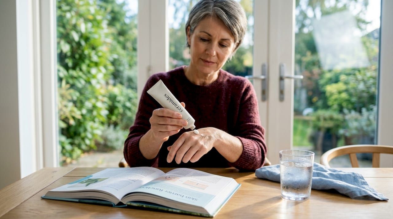 Woman applying ceramide cream at table