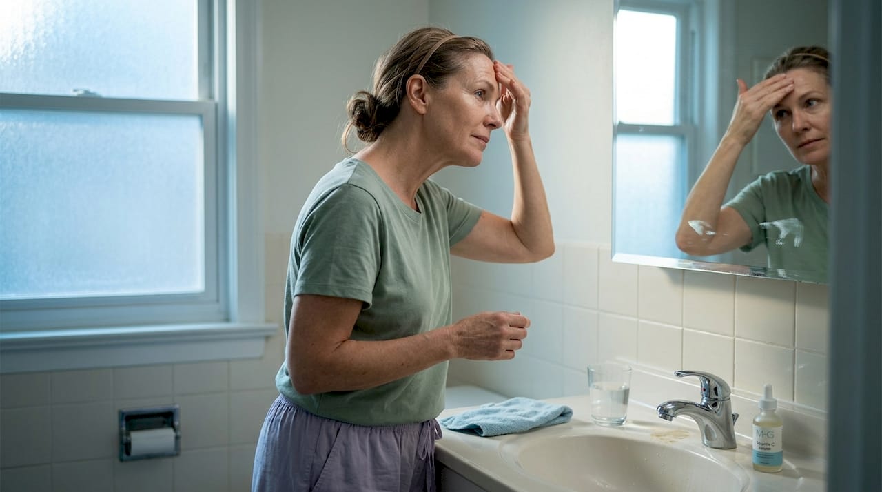 Applying serum during morning bathroom routine