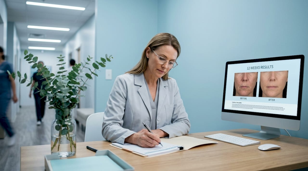 Dermatologist reviewing clinical skincare results