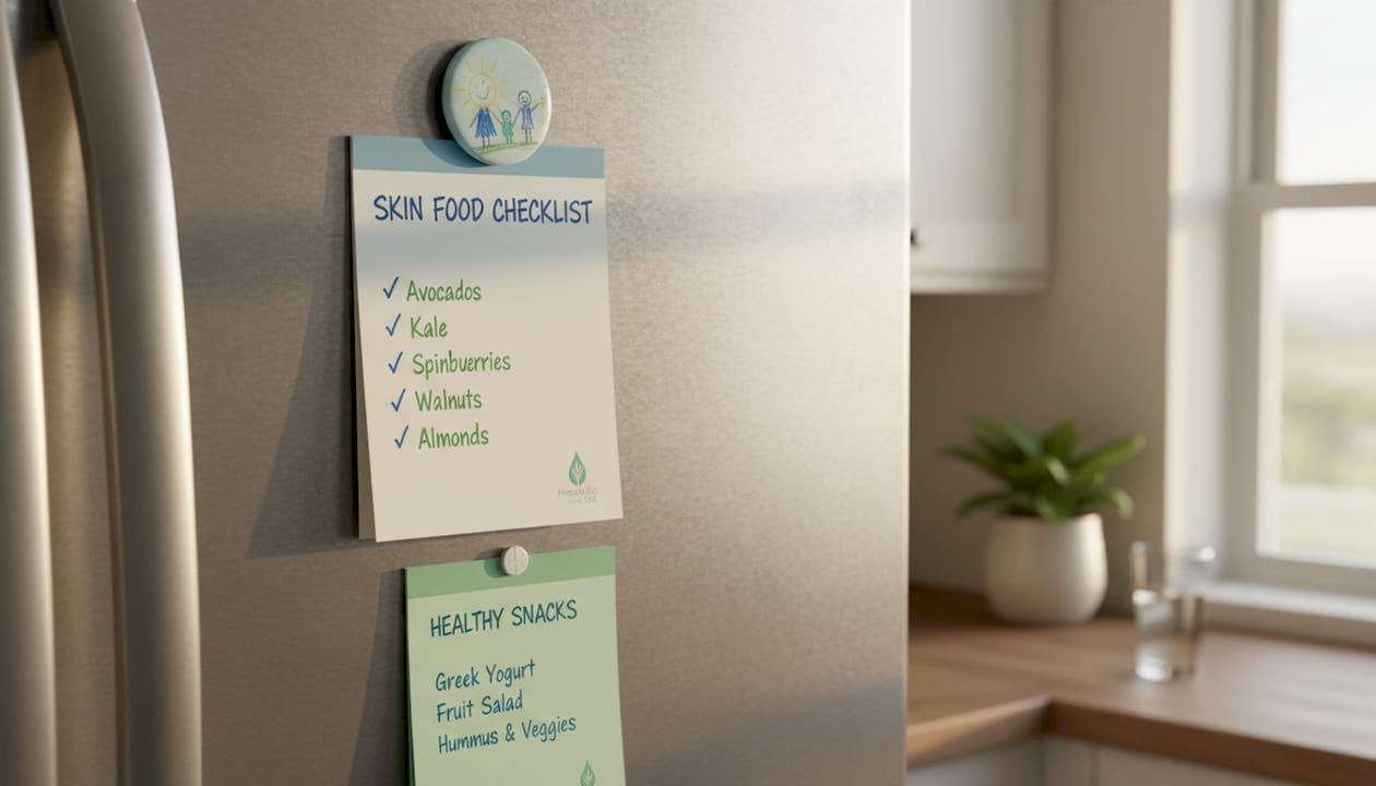 Handwritten skin food checklist on fridge