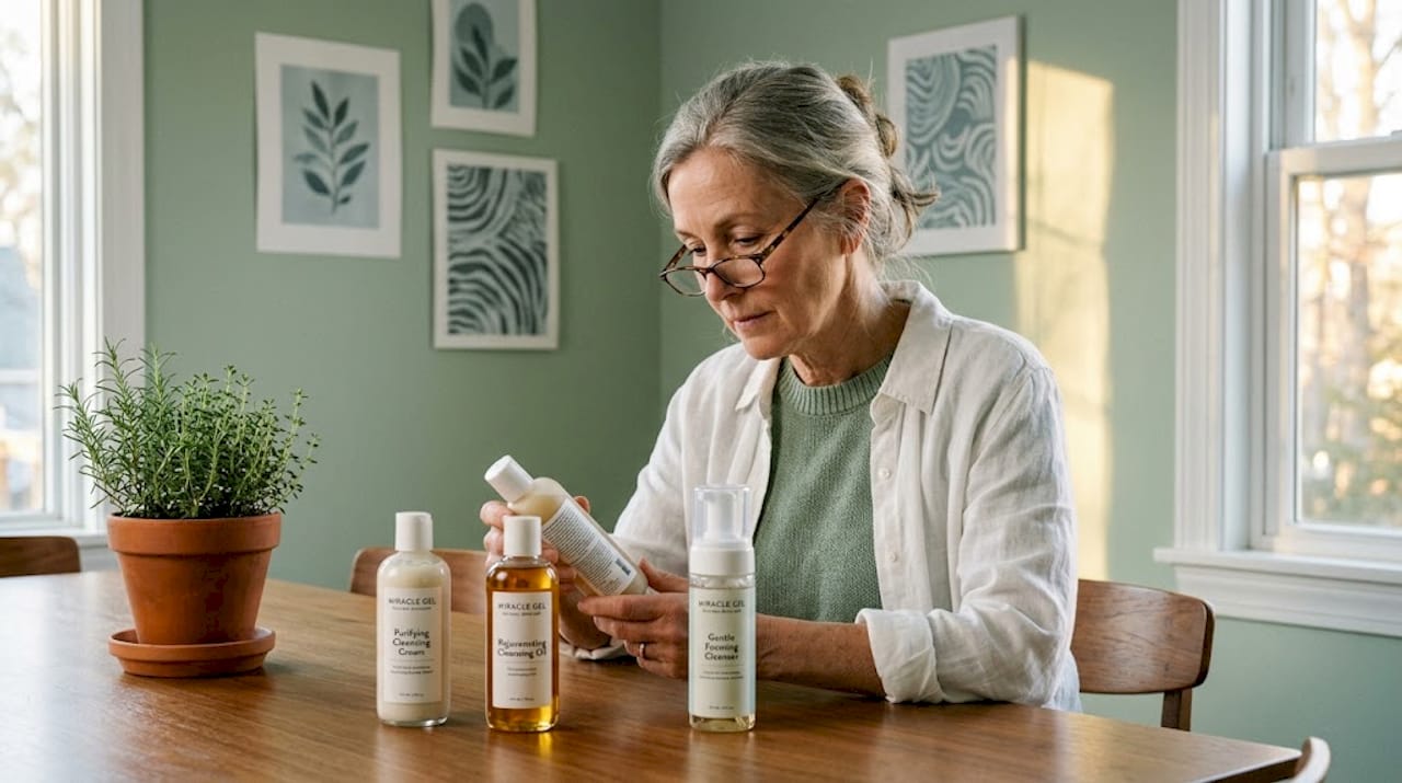 Woman comparing face cleansers at kitchen table