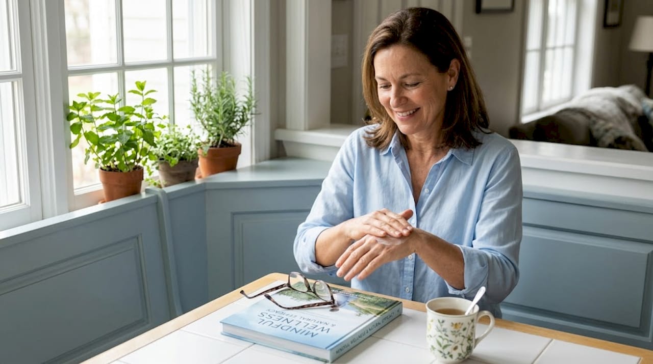 Older woman applying sunscreen at kitchen table