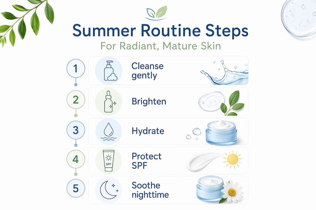 Infographic showing 5-step summer skin routine