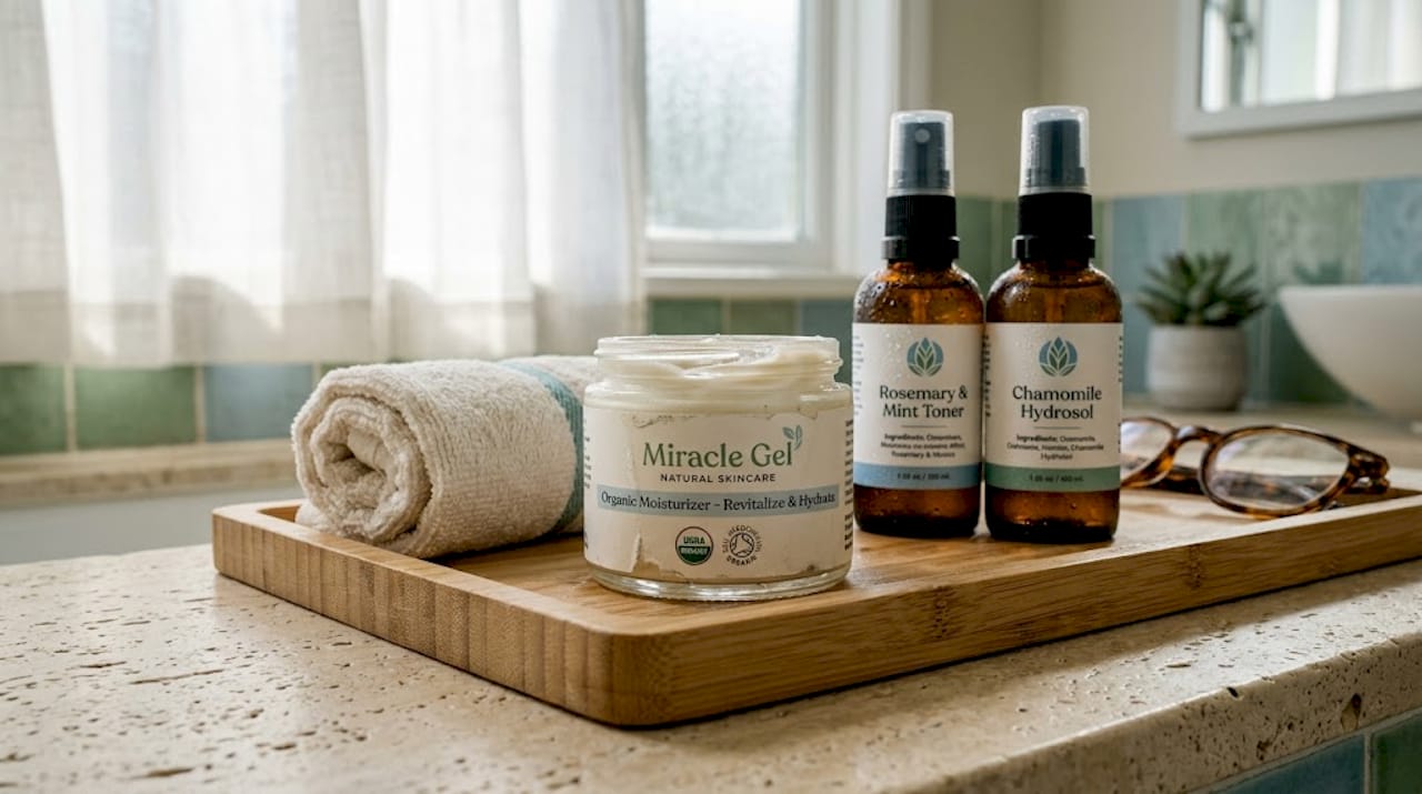 Open organic moisturizer jar on tray
