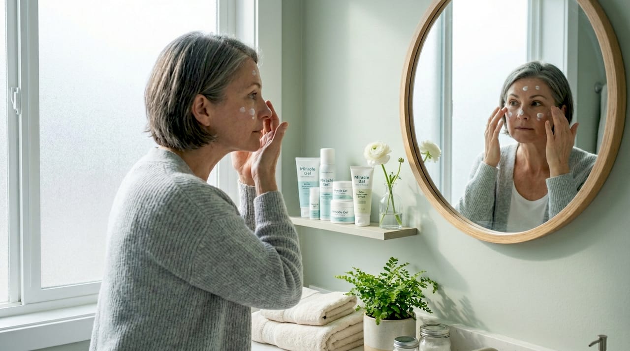 Woman applies sunscreen in morning kitchen routine