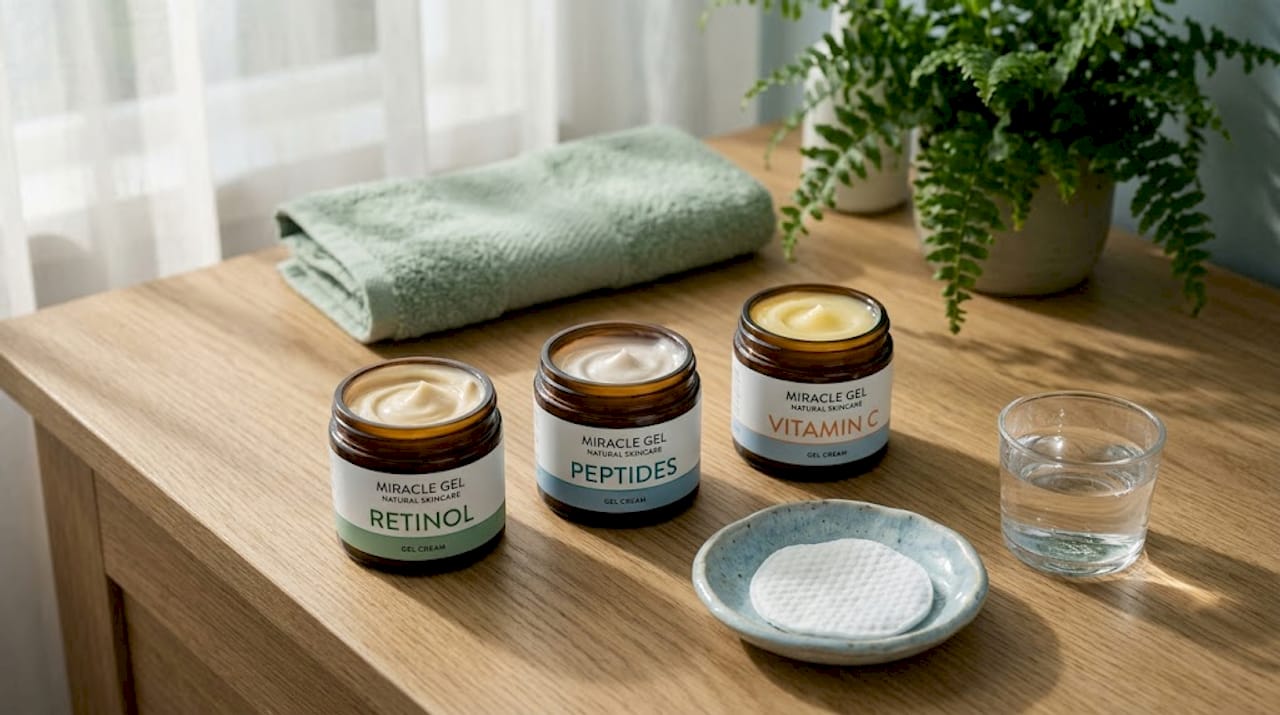 Open jars labeled retinol peptides vitamin C