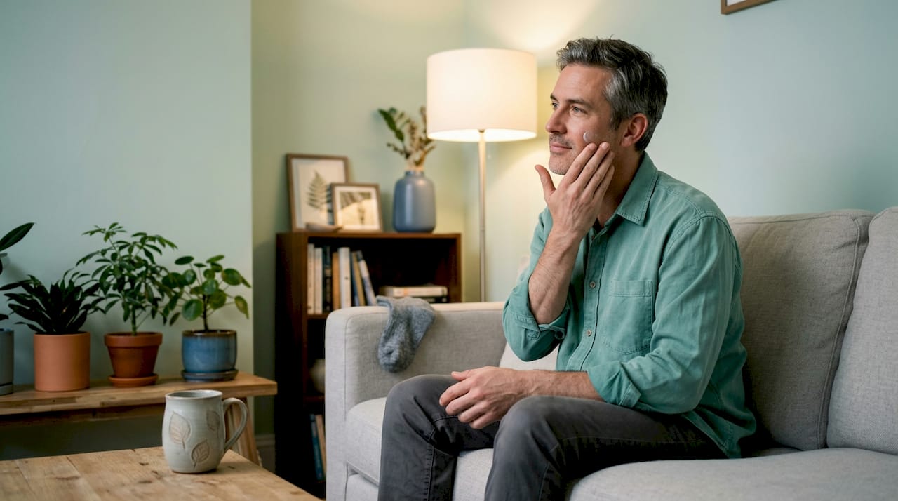Man applying moisturizer in casual home setting