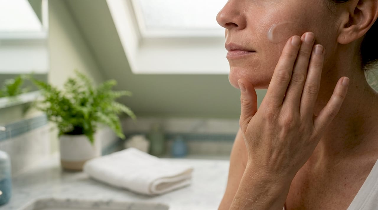 Closeup hydrated facial skin with gentle routine