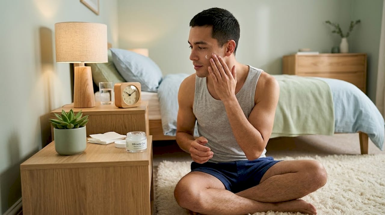 Man applying moisturizer in evening skincare routine