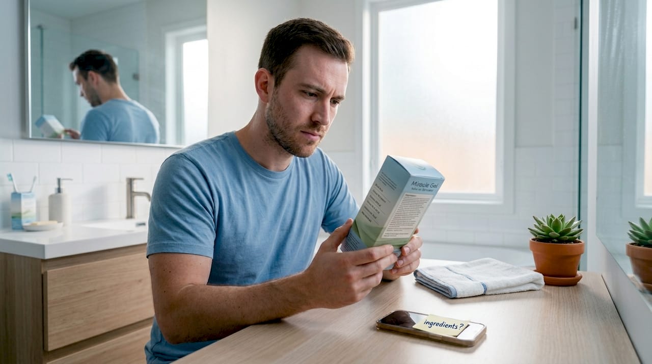 Man reviewing skincare ingredients at bedroom dresser