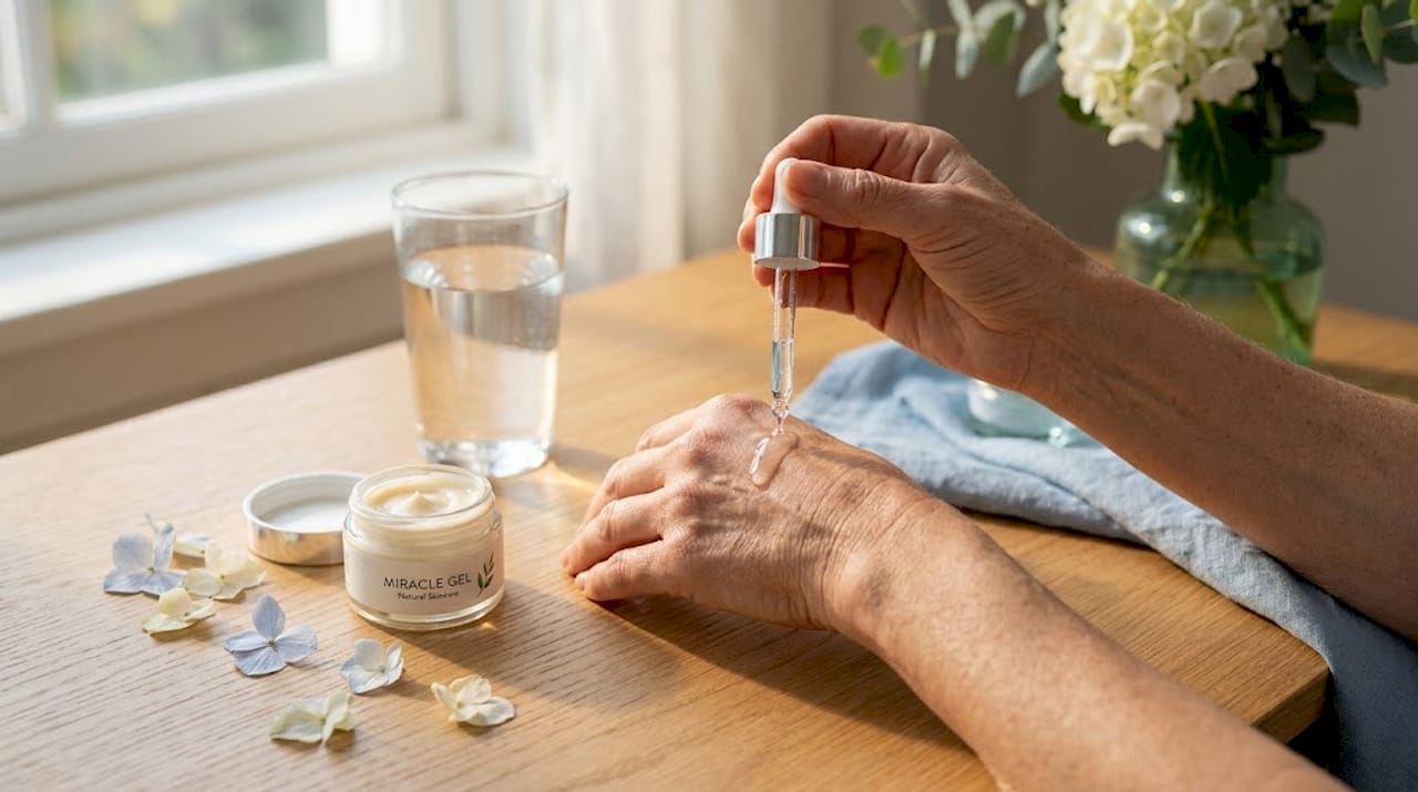 Applying serum to hand with hydration products visible