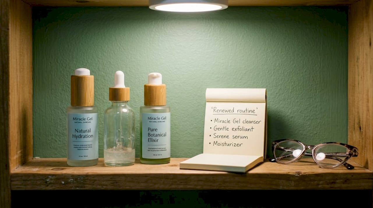 Skincare shelf with natural products and notes
