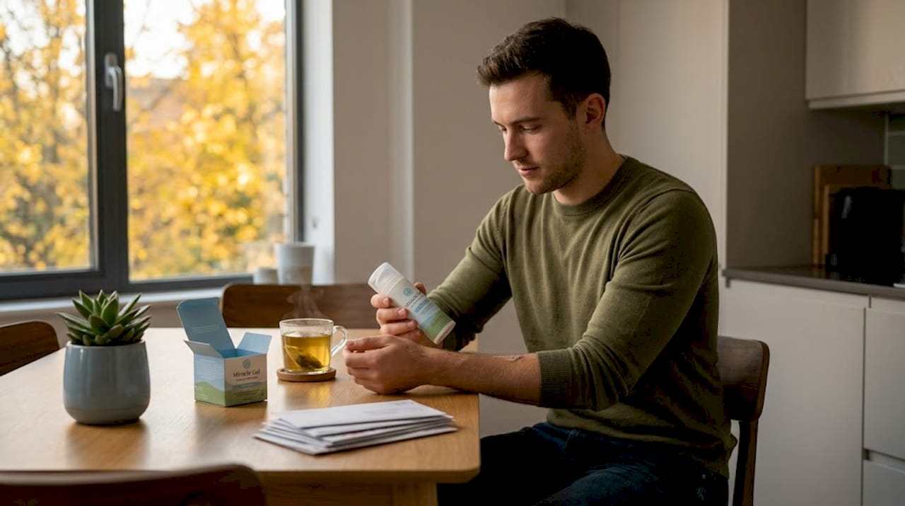 Man testing autumn moisturizer kitchen