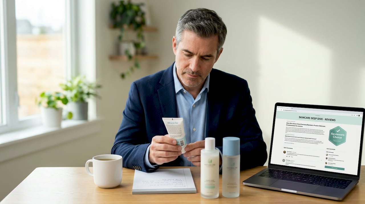 Man checking skincare product ingredients at table