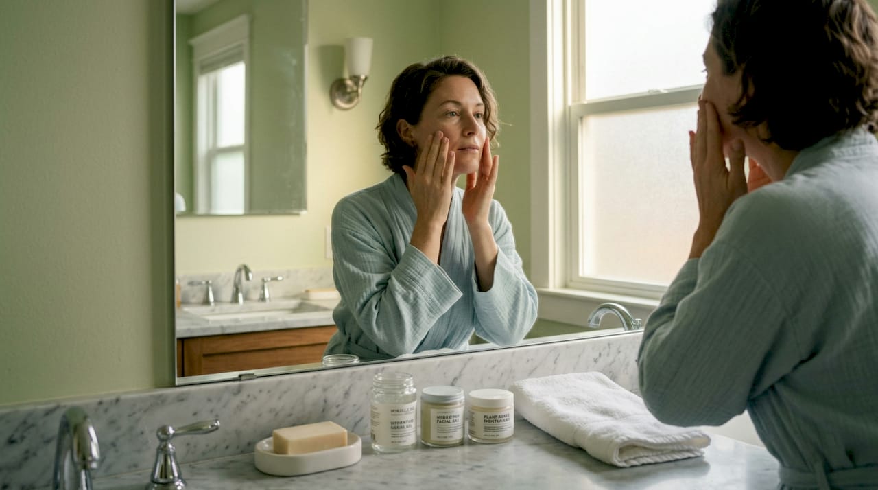Hands applying moisturizer in morning bathroom routine