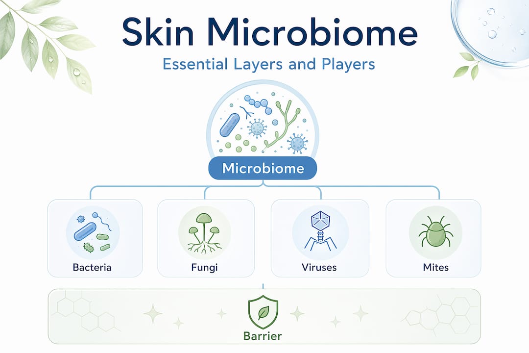 Infographic showing skin microbiome hierarchy and main components