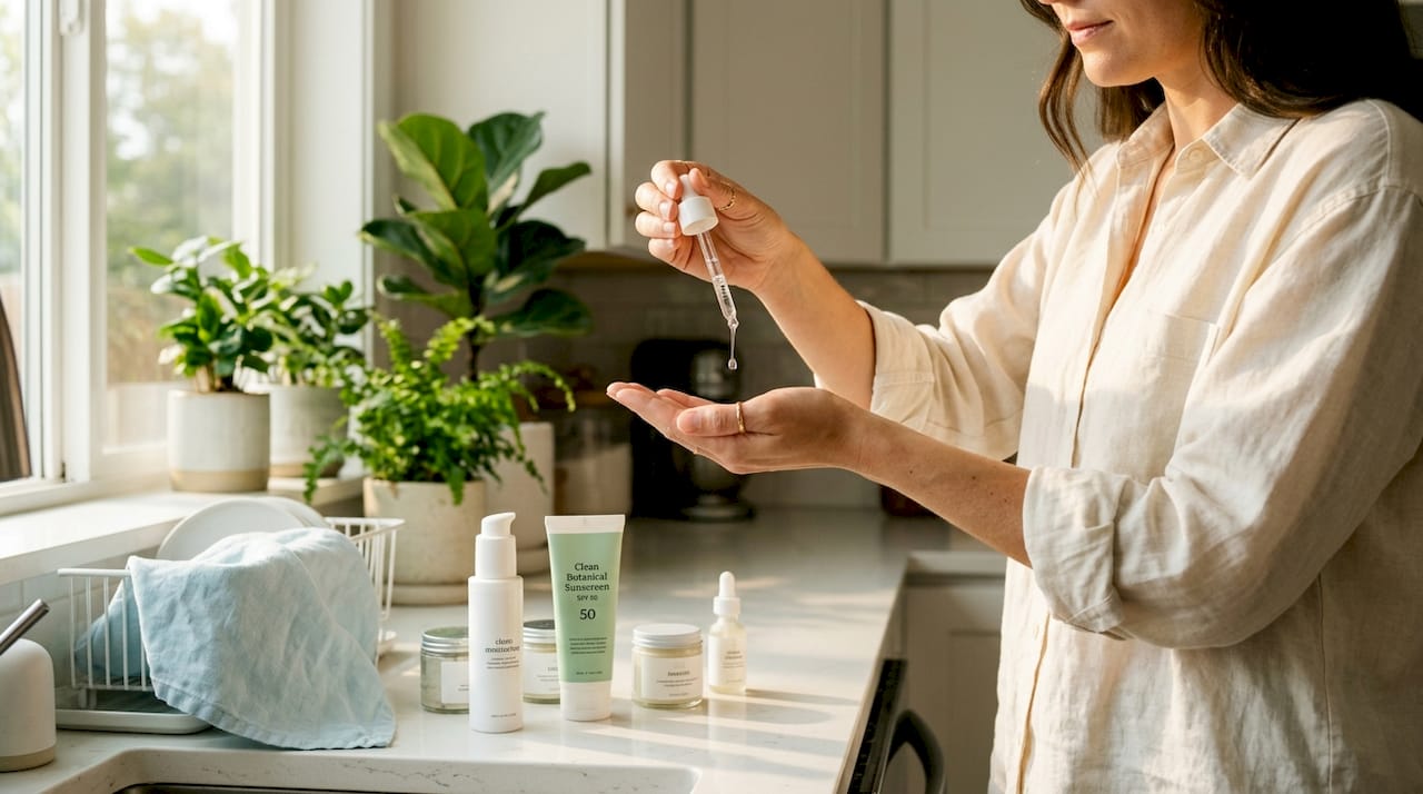 Hands holding skincare products for layering routine