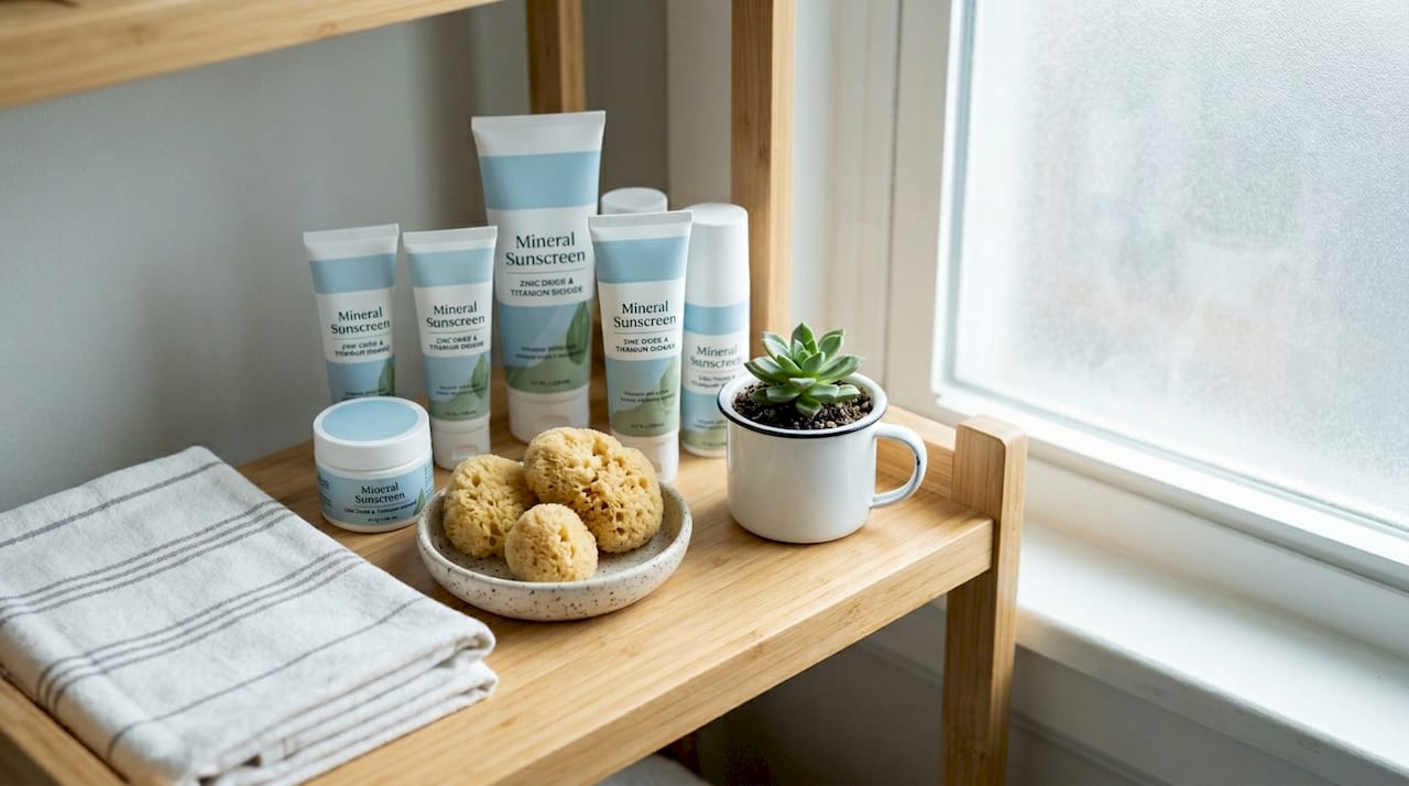 Mineral sunscreen products on bathroom shelf