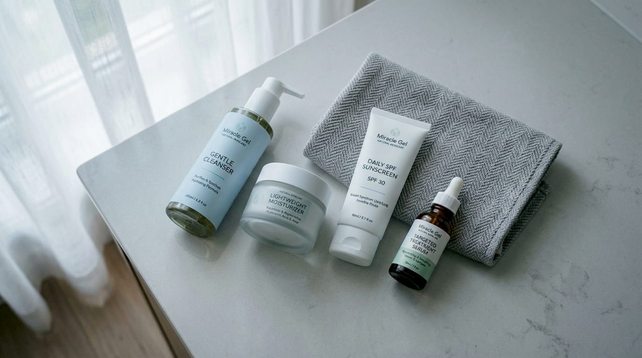 Flat lay of four curated skincare products