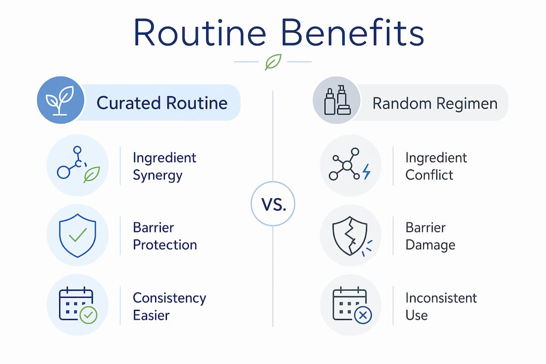 Infographic comparing curated routine benefits vs random regimen