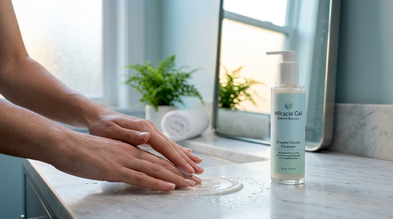 Hands applying gentle skin cleanser in bathroom