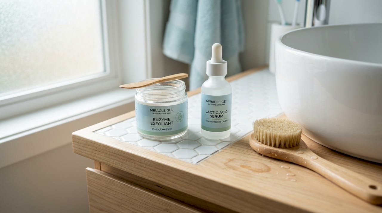 Exfoliation skincare products on wooden bathroom vanity