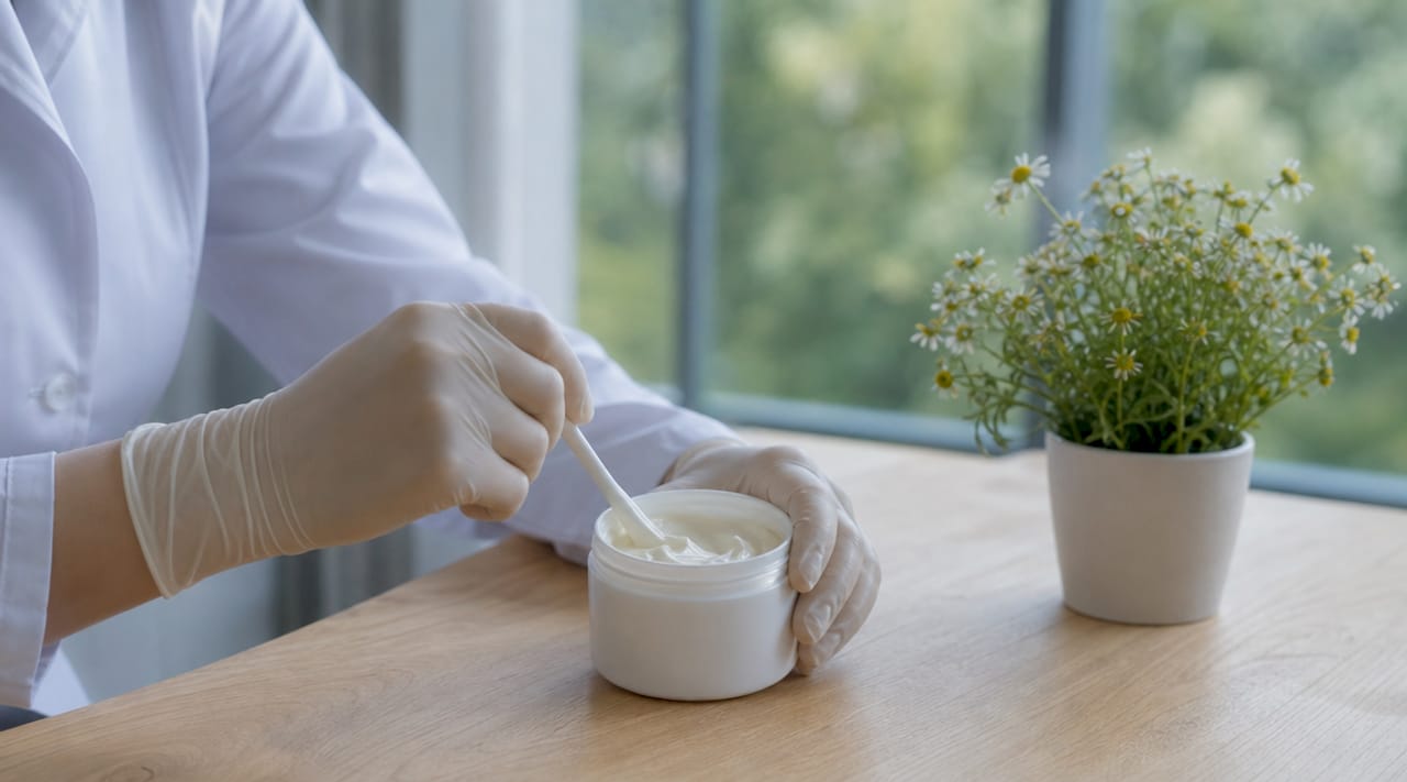 Dermatologist holding fragrance-free cream jar