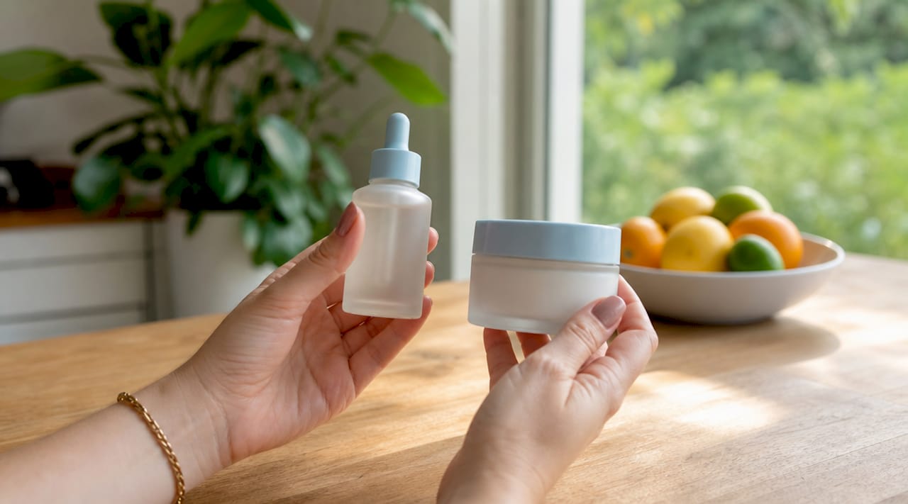 Hands holding serum bottle and moisturizer jar