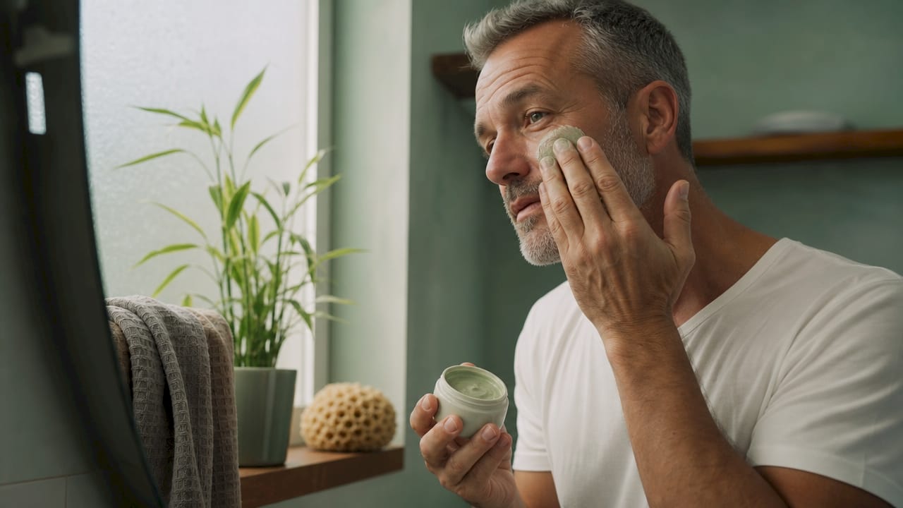 Man applying herbal moisturizer in bathroom