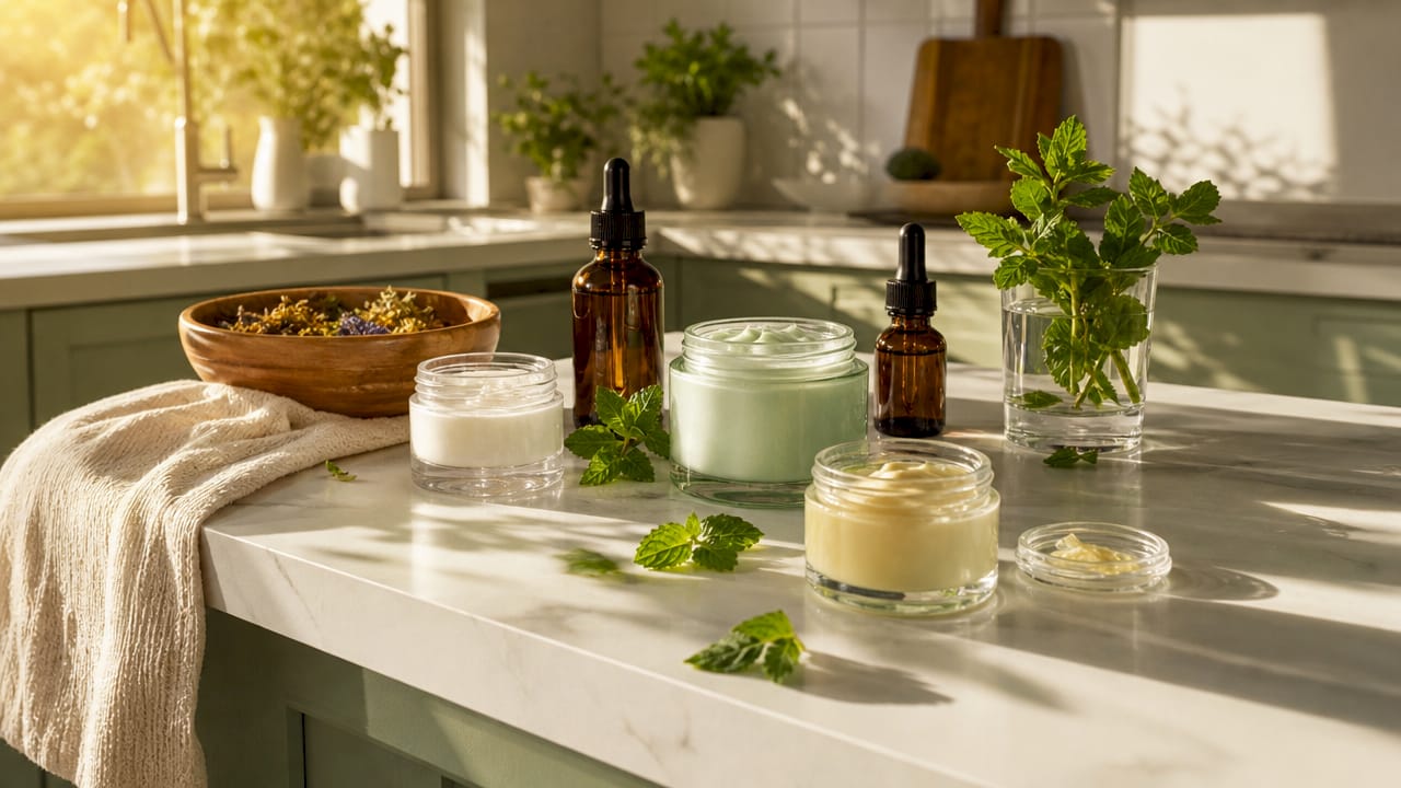Organic skincare products on rustic wood surface