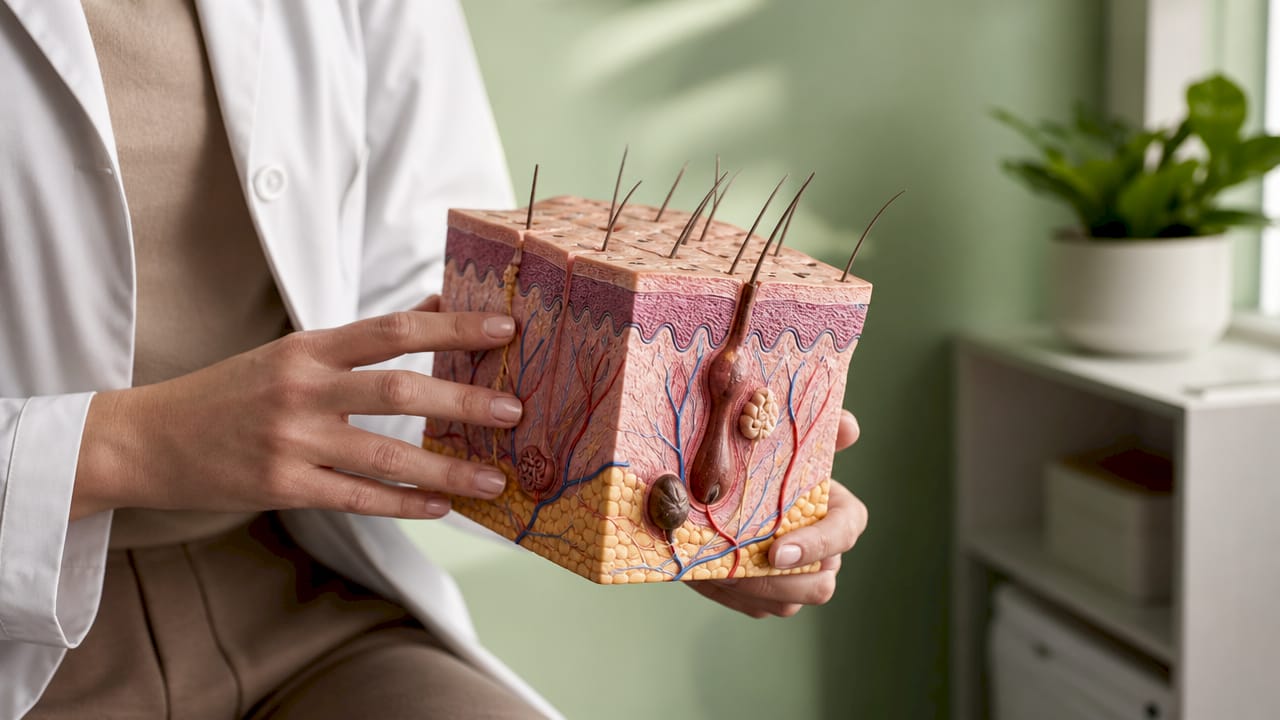 Dermatologist demonstrating skin layers model