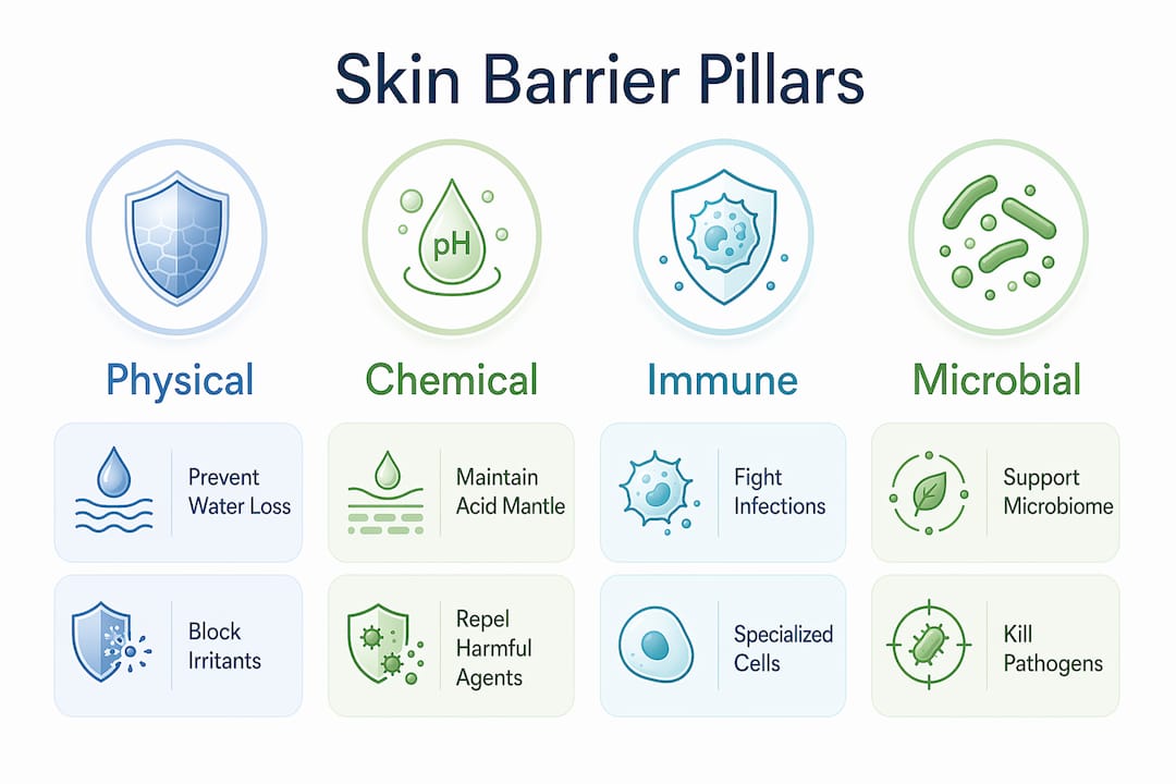 Infographic illustrating four skin barrier pillars and functions