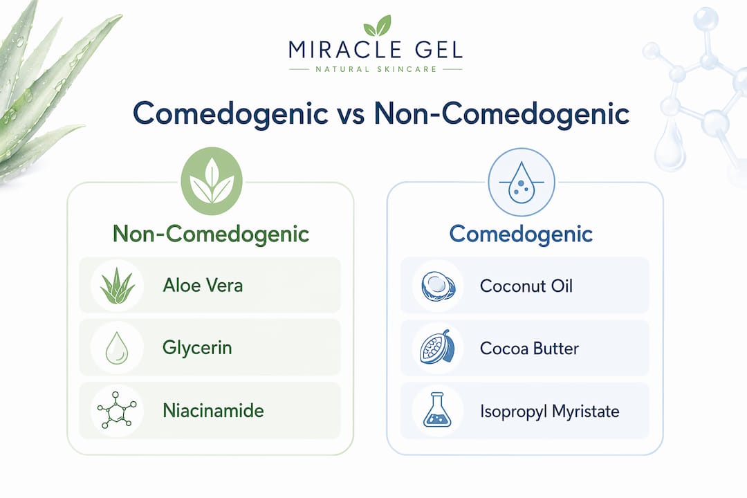 Infographic comparing comedogenic and non-comedogenic ingredients