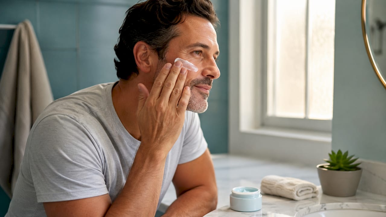 Hands applying moisturizer to face