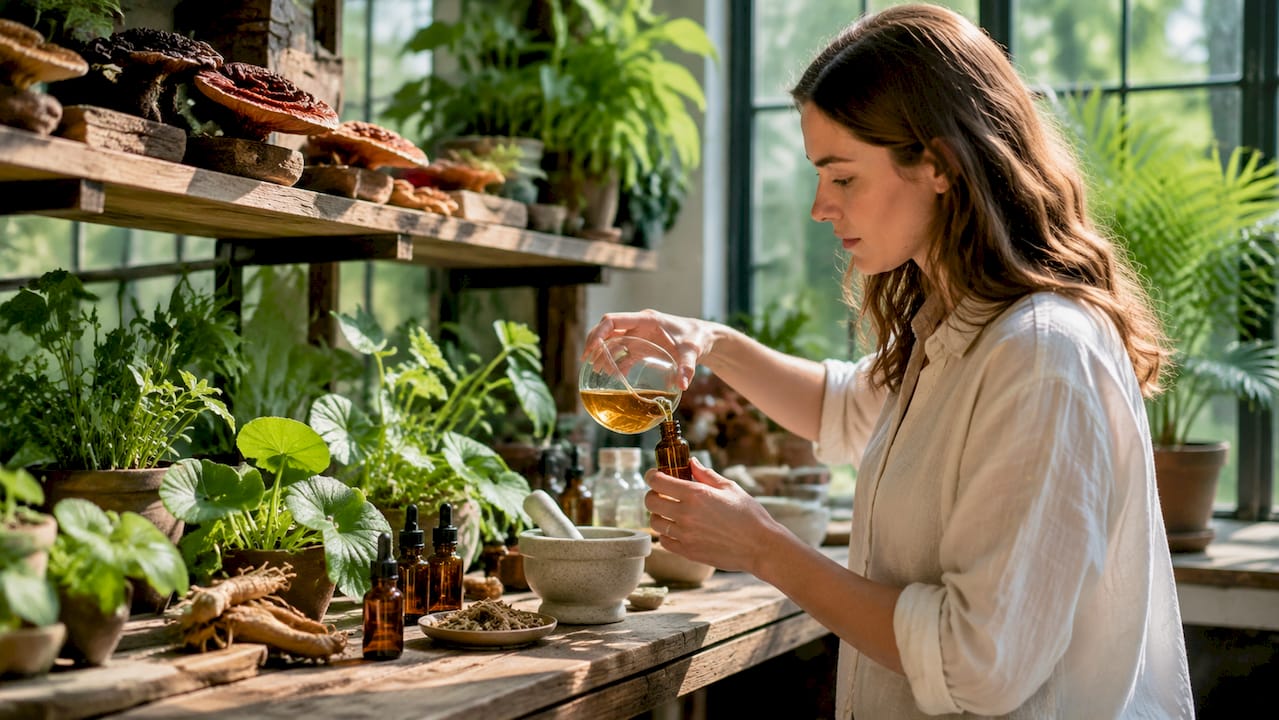 Hands mixing botanical adaptogen extracts