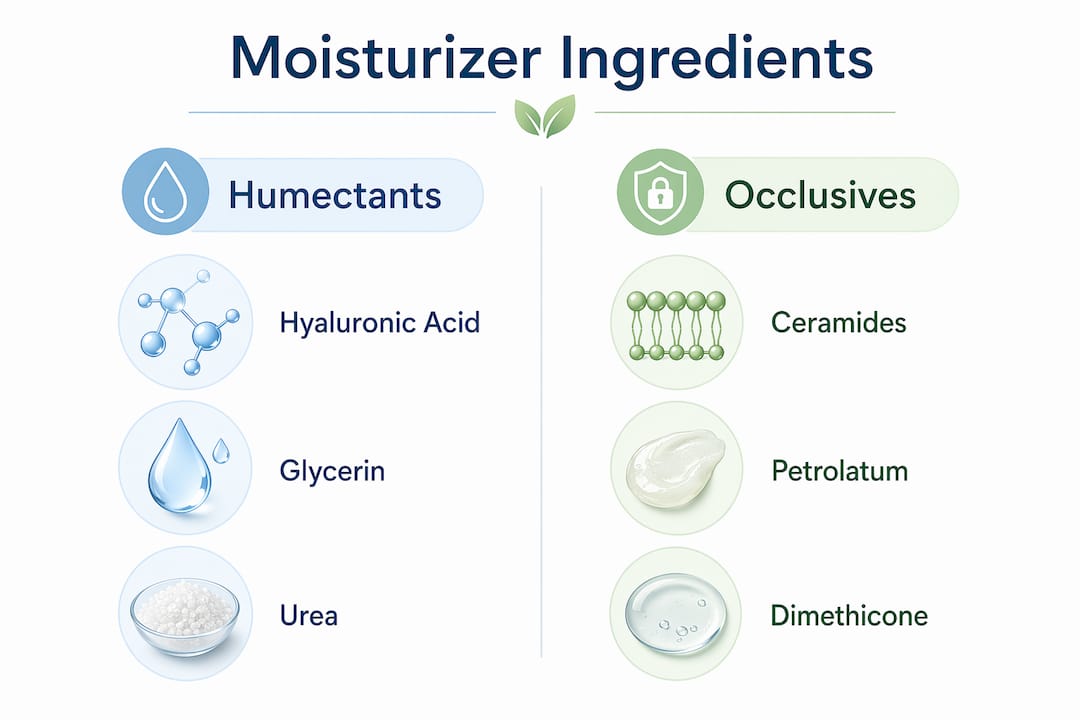Infographic comparing humectant and occlusive ingredients