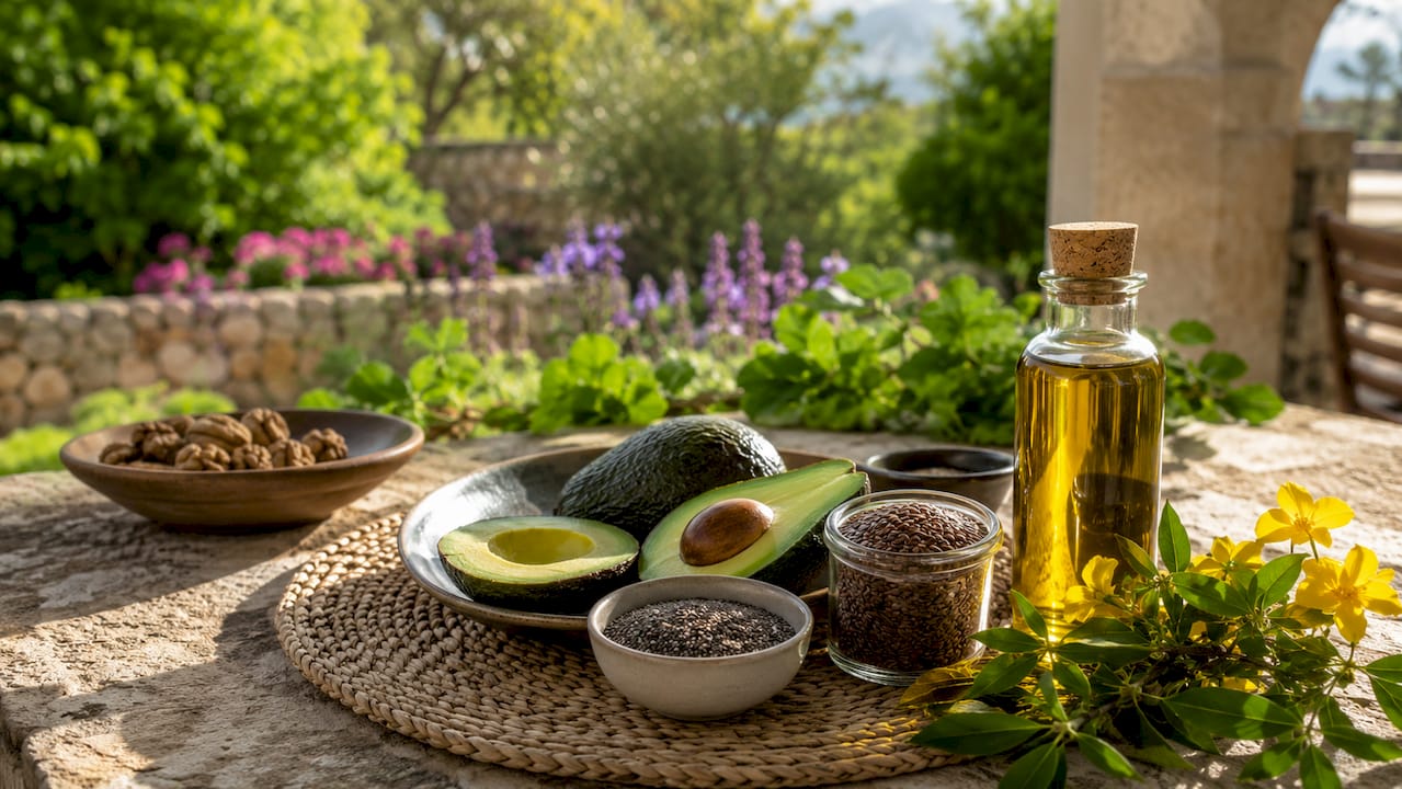 Natural fatty acid rich foods on table