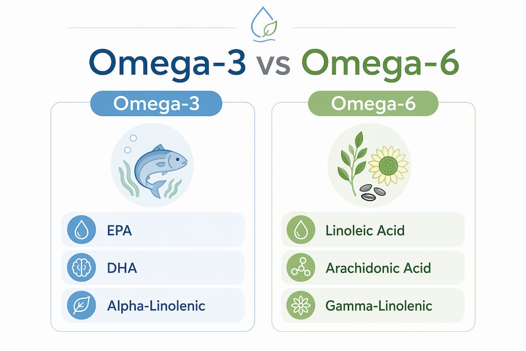 Infographic comparing omega-3 and omega-6 fatty acids