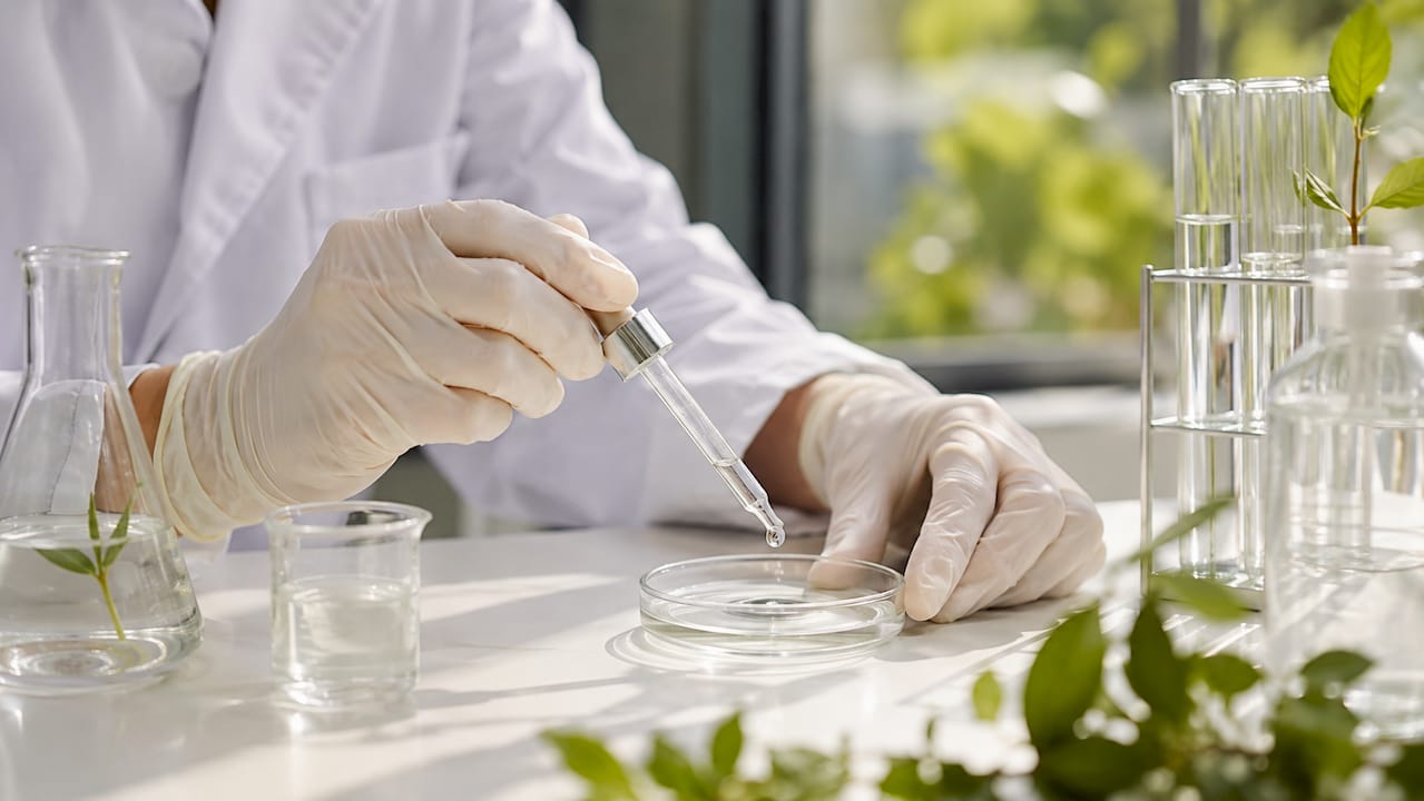 Scientist holding vitamin C serum dropper