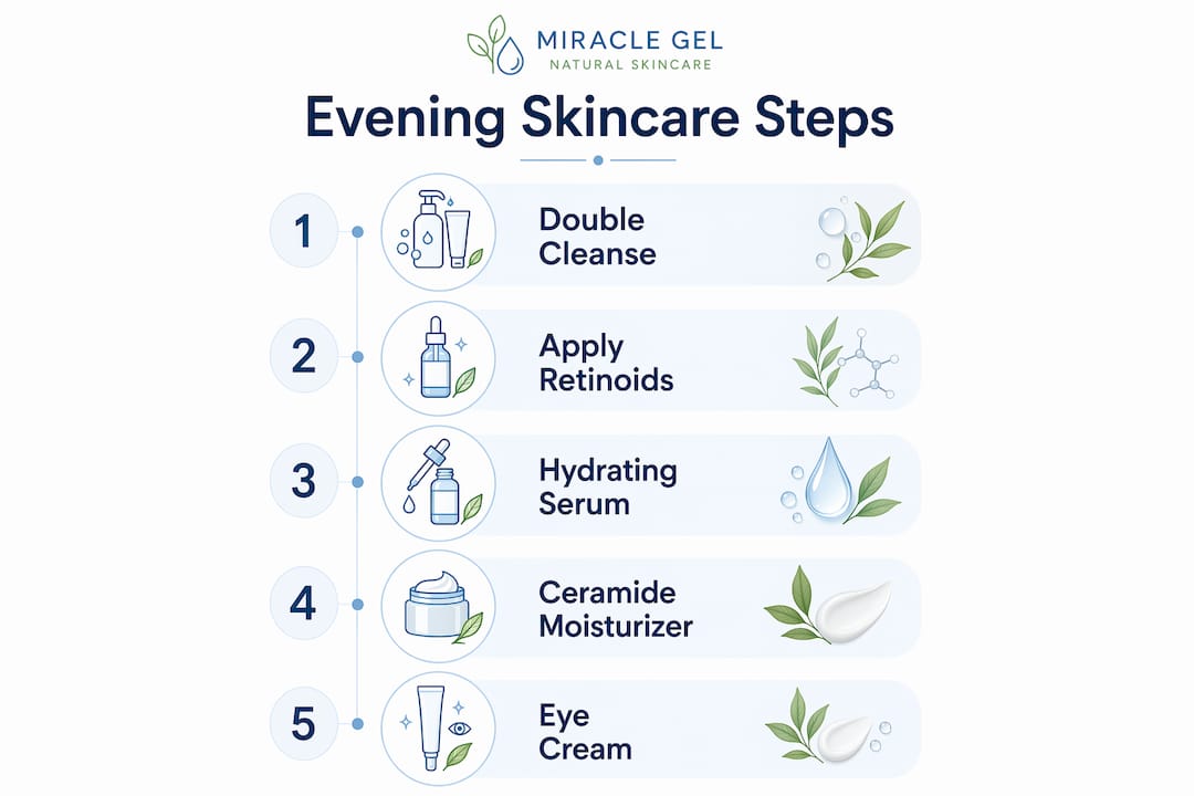 Infographic illustrating evening skincare routine steps